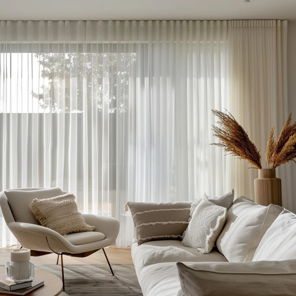 White sheer s fold curtains in light coloured living room setting