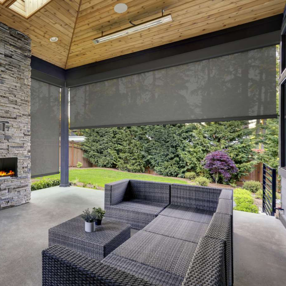 Zipscrteen Wire Guide Outdoor Blinds to alsfresco area with fireplace and wicker outdoor lounge setting